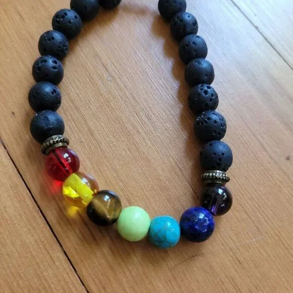 Set of 3 beaded bracelets faux crystal tiger's eye lava beads bohemian hippie - Picture 8 of 12